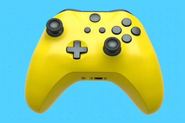 Joystick Kuning Realistis Untuk Pengendali Permainan Video Latar Belakang Biru — Stok Foto