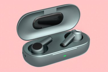 Pembe arka planda, baz kutusunda kablosuz gri kulaklıkların 3 boyutlu görüntüsü. Egzersiz ya da dinleme hizmetleri için kulaklık kavramı