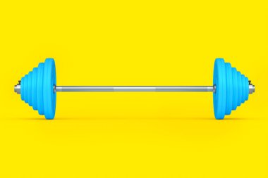 Sarı arka planda mavi diskleri olan soyut metal halterler. Spor malzemelerinin fitness ve powerlift için 3D yorumlaması