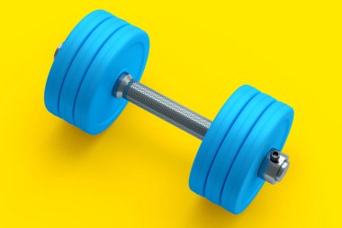 Sarı arka planda mavi diskleri olan metal halterler. Spor malzemelerinin fitness ve powerlift için 3D yorumlaması