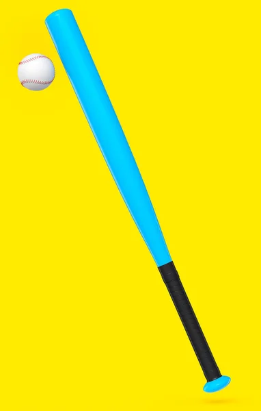 青いゴムのプロソフトボールや野球のバットとボールは黄色の背景に隔離された チームゲームをプレイするためのスポーツアクセサリーの3Dレンダリング — ストック写真