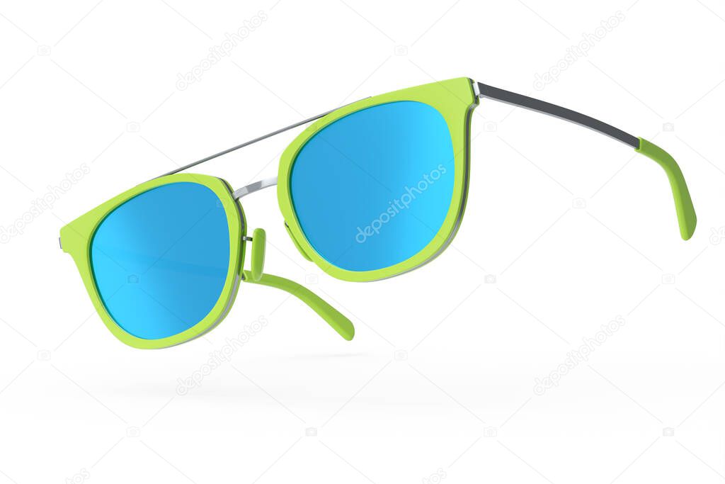 Realistic sunglasess with gradient lens and green plastic frame for summertime on white background. 3d render family travel concept and eyes protection on sun