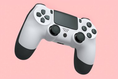 Pembe arka planda video oyunu kontrolörü için gerçekçi beyaz joystick. Bulut oyunu ve oyun alanı çalışma alanı konsepti için 3 boyutlu görüntüleme