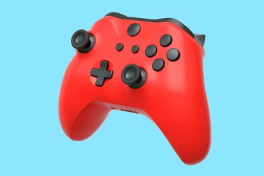 Mavi arka planda video oyunu kontrolörü için gerçekçi kırmızı joystick. Bulut oyunu ve oyun alanı çalışma alanı konsepti için 3 boyutlu görüntüleme