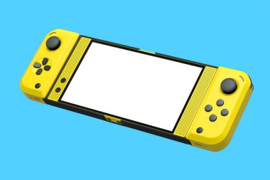 Mavi arka planda cep telefonuna bağlı gerçekçi video oyun kontrolörleri. Çevrimiçi oyun için akıllı telefon için 3B oyun alanı oluşturma