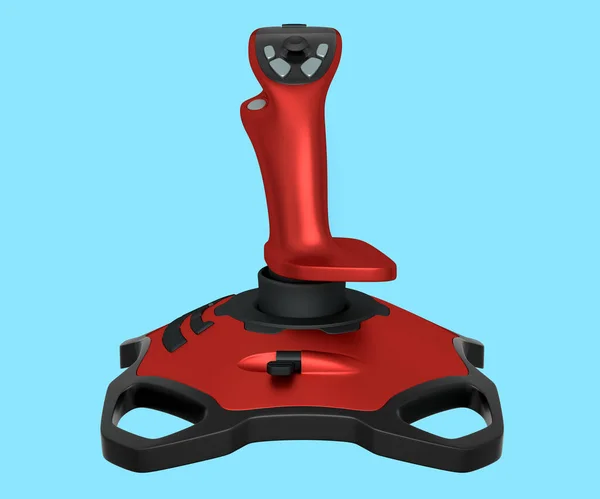 Realistic red joystick for flight simulator isolated on blue background. 3D rendering of streaming gear for cloud gaming or gamer workspace concept