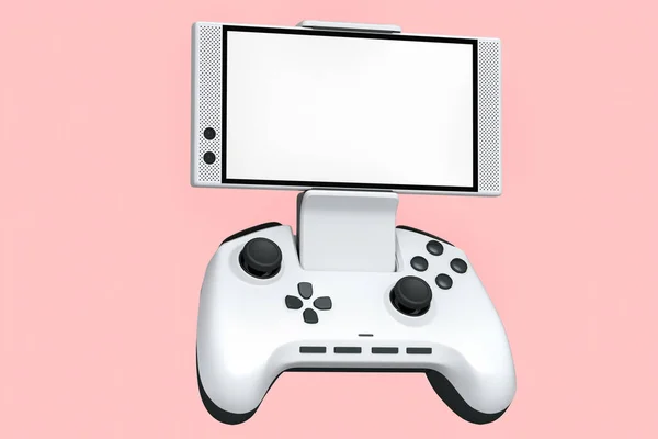 ピンクの背景に携帯電話でゲームをプレイするための現実的な白いジョイスティック ビデオゲームストリーミングコントローラの概念の3Dレンダリング — ストック写真