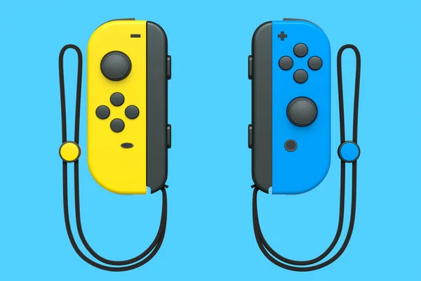 Portable Yellow Video Game Controllers Rope Blue Background Rendering Gamepad — Stock Photo, Image