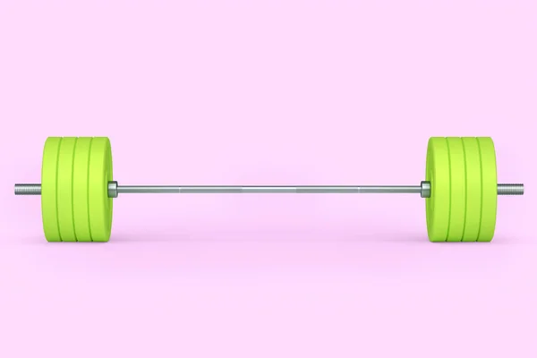 Barbell Métal Abstrait Avec Disques Verts Isolés Sur Fond Rose — Photo