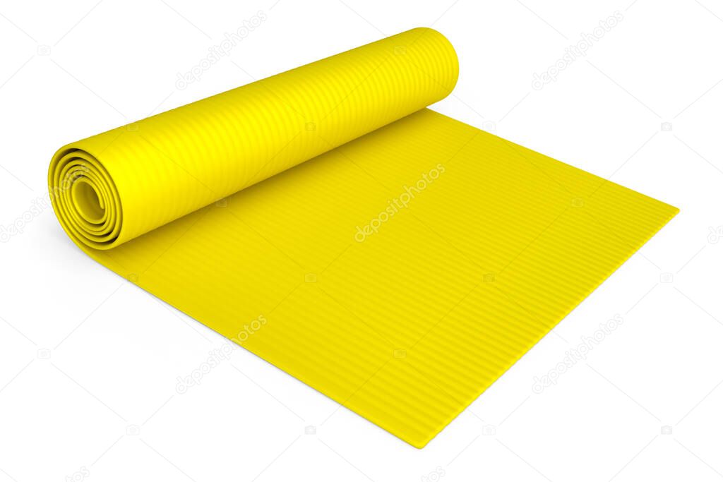 Yellow yoga mat or lightweight foam camping bed roll pad isolated on white background. 3d rendering of sport equipment for fitness, yoga and active workout