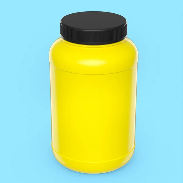 黄色塑料瓶用于运动营养乳清蛋白和增强剂粉末分离的蓝色背景 交配式 桁架式和举重运动的运动补充剂3D渲染 — 图库照片