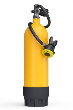 Turuncu dalış tankı beyaz arka planda izole edilmiş şnorkelle yüzmek için tam oksijen. Yaz tatili için 3D dalış ve spor malzemesi.