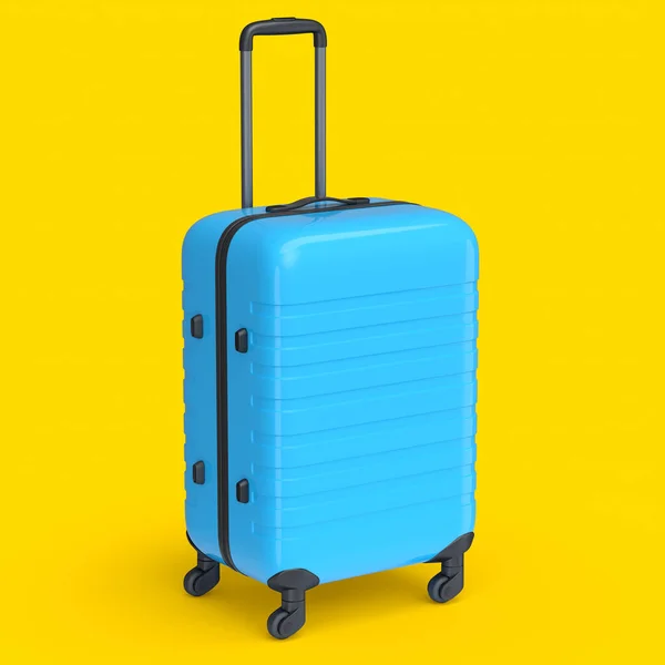 Sarı Arka Planda Küçük Mavi Polikarbonat Bavulu Seyahat Konsepti Bagaj — Stok fotoğraf