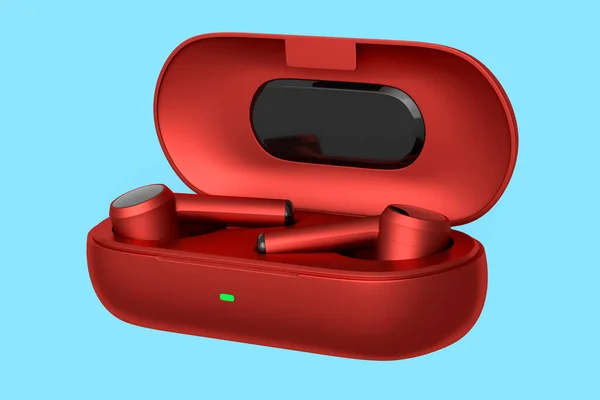 Rendering Von Drahtlosen Roten Kopfhörern Basisbox Auf Blauem Hintergrund Konzept — Stockfoto
