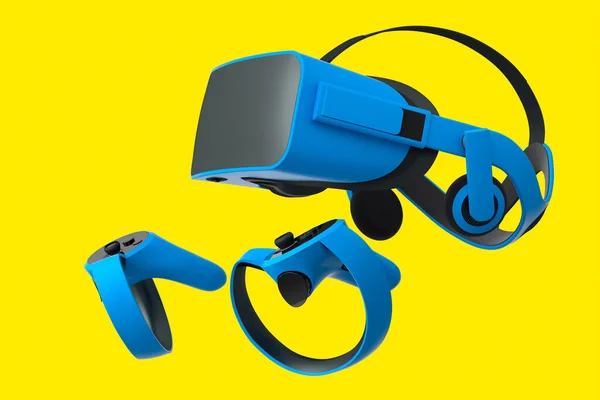 Virtual reality glasses and blue controllers for online and cloud gaming on yellow background. 3D rendering of device for virtual design in augmented reality or virtual gaming in VR