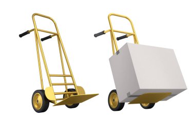 Havaalanı bagaj seti ya da bagaj vagonu yanında bir yığın karton kutu ya da beyaz arka planda karton kutu. Havaalanı veya depo servisinin 3d oluşturma ögesi