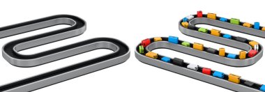 Havalimanı bagaj bandı ya da bagaj teslim alanı beyaz arka planda bavullarla dolu. Seyahat tatil konseptinin 3D sunucusu.