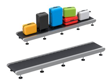 Havalimanı bagaj taşıma bandı, üretim hattı ya da bavulları beyaz arka planda olan bagaj teslim alanı. Seyahat tatil konseptinin 3D sunucusu.