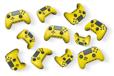 Havada uçan kablosuz oyun kontrolörleri kırpma yolu ile beyaz arka planda izole edilmiş, oyun teknolojisi konseptini sembolize ediyor.