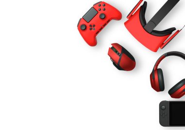 Gaming accessories like gamepad, VR headset, mouse, headphones isolated on white background with clipping path, concept of modern interactive digital entertainment