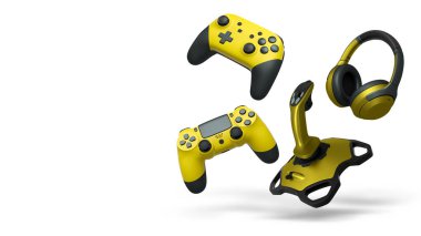 Floating gaming accessories like controllers, joystick, and headphones isolated on white background with clipping path, concept of gaming
