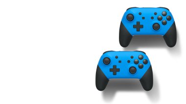 Havada uçan kablosuz oyun kontrolörleri kırpma yolu ile beyaz arka planda izole edilmiş, oyun teknolojisi konseptini sembolize ediyor.