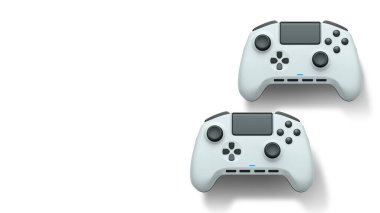 Havada uçan kablosuz oyun kontrolörleri kırpma yolu ile beyaz arka planda izole edilmiş, oyun teknolojisi konseptini sembolize ediyor.