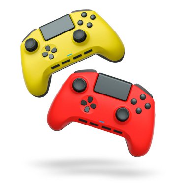 Havada uçan kablosuz oyun kontrolörleri kırpma yolu ile beyaz arka planda izole edilmiş, oyun teknolojisi konseptini sembolize ediyor.