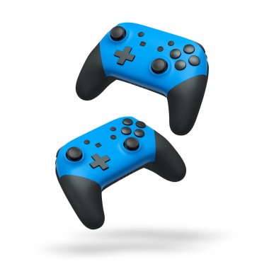 Havada uçan kablosuz oyun kontrolörleri kırpma yolu ile beyaz arka planda izole edilmiş, oyun teknolojisi konseptini sembolize ediyor.