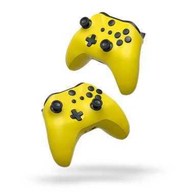 Havada uçan kablosuz oyun kontrolörleri kırpma yolu ile beyaz arka planda izole edilmiş, oyun teknolojisi konseptini sembolize ediyor.