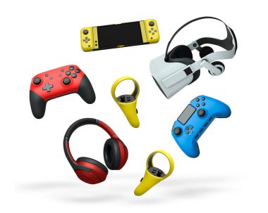 Gaming controllers, VR headset, and headphones isolated on white background with clipping path. Concept of modern gaming and virtual entertainment