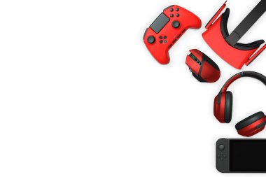 Gaming console, VR headset, wireless headphones, and motion controllers isolated on white background with clipping path, concept of modern entertainment