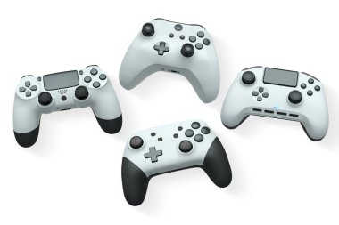 Havada uçan kablosuz oyun kontrolörleri kırpma yolu ile beyaz arka planda izole edilmiş, oyun teknolojisi konseptini sembolize ediyor.