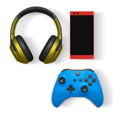 Gaming headset, smartphone, and controller arranged neatly isolated on white background with clipping path. Concept of modern digital entertainment