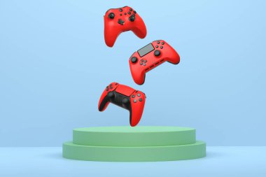 Renkli oyun kontrolörleri, podyum üzerinde yükselen joystick soyut arka plan, minimalist kavram aygıtı.