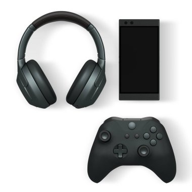 Gaming headset, smartphone, and controller arranged neatly isolated on white background with clipping path. Concept of modern digital entertainment