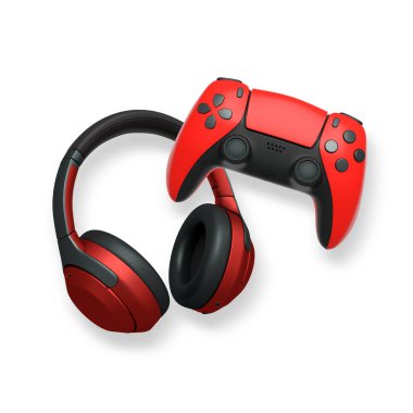 Wireless gaming headset and game controller isolated on white background with clipping path. Concept of modern gaming accessories