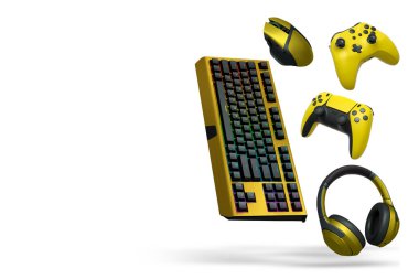 Gaming headset, console controller, ergonomic mouse, and RGB keyboard isolated on white background with clipping path, concept of gaming accessories