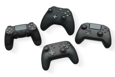 Havada uçan kablosuz oyun kontrolörleri kırpma yolu ile beyaz arka planda izole edilmiş, oyun teknolojisi konseptini sembolize ediyor.