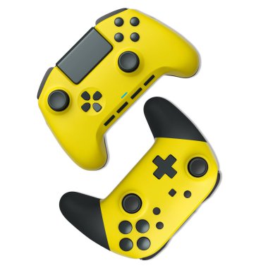 Havada uçan kablosuz oyun kontrolörleri kırpma yolu ile beyaz arka planda izole edilmiş, oyun teknolojisi konseptini sembolize ediyor.