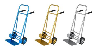 Beyaz arka planda boş el arabası ya da el arabası seti var. 3D teslimat ve depo ve mağaza eşyaları taşıma