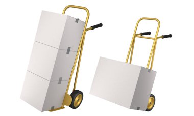 Havaalanı bagaj seti ya da bagaj vagonu yanında bir yığın karton kutu ya da beyaz arka planda karton kutu. Havaalanı veya depo servisinin 3d oluşturma ögesi