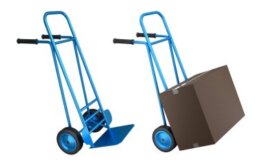 Havaalanı bagaj seti ya da bagaj vagonu yanında bir yığın karton kutu ya da beyaz arka planda karton kutu. Havaalanı veya depo servisinin 3d oluşturma ögesi