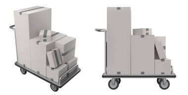 Havaalanı bagaj seti ya da bagaj vagonu yanında bir yığın karton kutu ya da beyaz arka planda karton kutu. Havaalanı veya depo servisinin 3d oluşturma ögesi