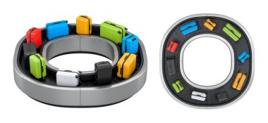 Havalimanı bagaj bandı ya da bagaj teslim alanı beyaz arka planda bavullarla dolu. Seyahat tatil konseptinin 3D sunucusu.