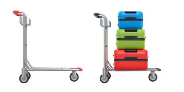 Beyaz arka planda bagajları taşımak için normal polikarbonat valiz seti. 3D seyahat konsepti. Tatil ve bagaj taşımacılığı.