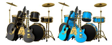 Tribünlerde metal zilleri ve beyaz arka planda akustik gitarları olan gerçekçi davullar. 3D render müzik perküsyon enstrümanı, davul makinesi ve bateri seti