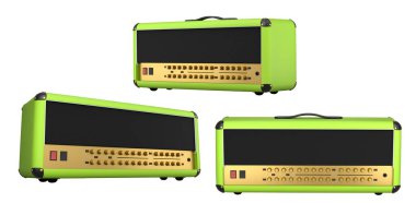Beyaz zemin üzerinde izole edilmiş klasik elektrik ve akustik gitar amplifikatörü seti. Stüdyo veya prova odasında bas gitar kaydetmek için 3D yükseltici
