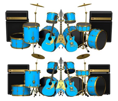 Metal zilli gerçekçi davullar veya bateri seti ve beyaz zemin üzerinde yükseltici. 3D render müzik perküsyon enstrümanı, davul makinesi ve bateri seti