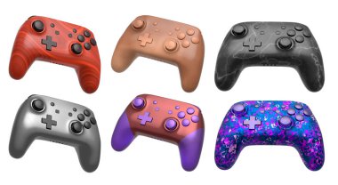 Oyun tutkunları için farklı renk ve tasarımlara sahip oyun denetleyicileri koleksiyonu kırpma yolu ile beyaz arkaplanda izole